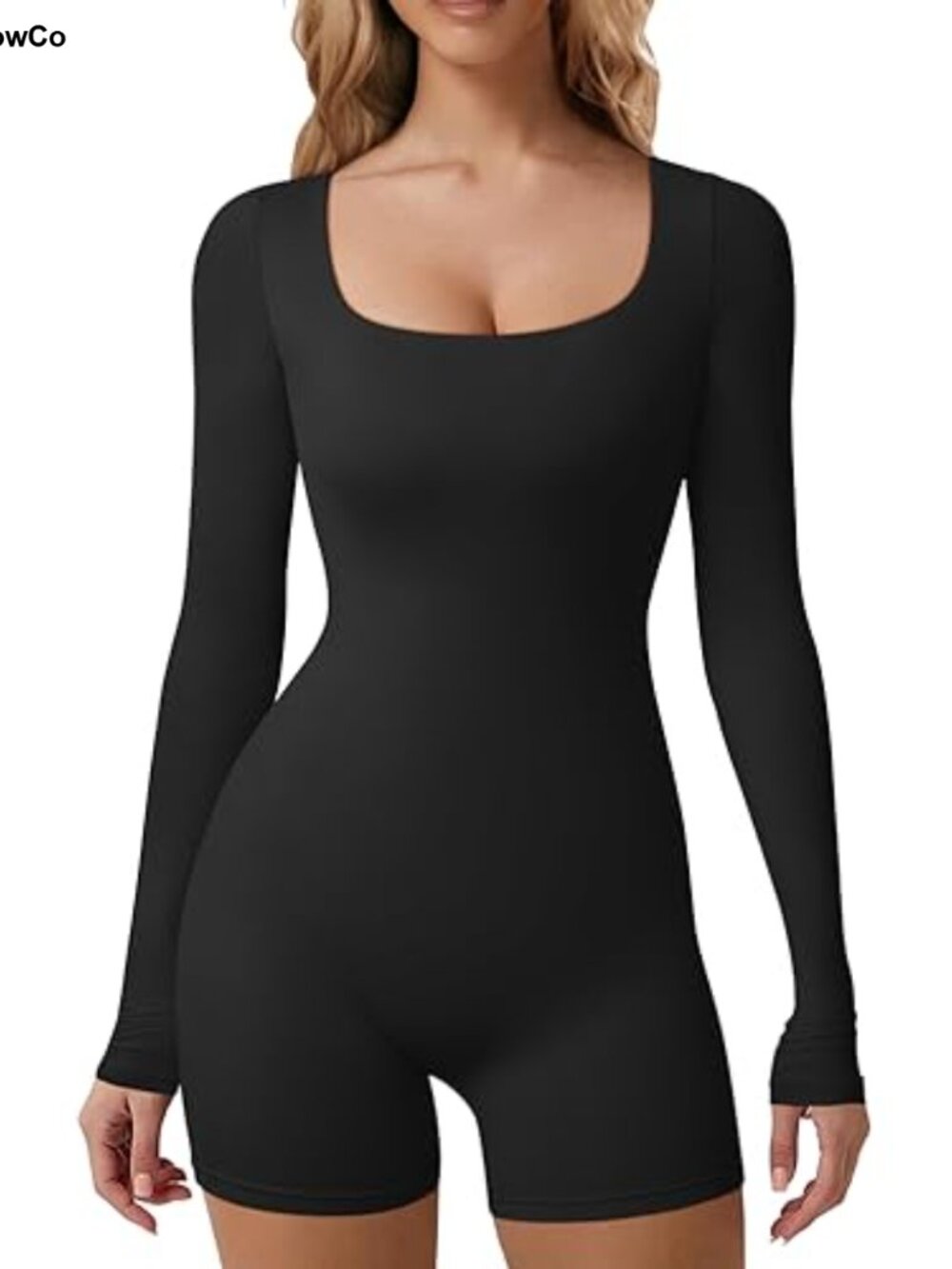 Fitted Workout One Piece Short Jumpsuit Women Long Sleeve Square Neck